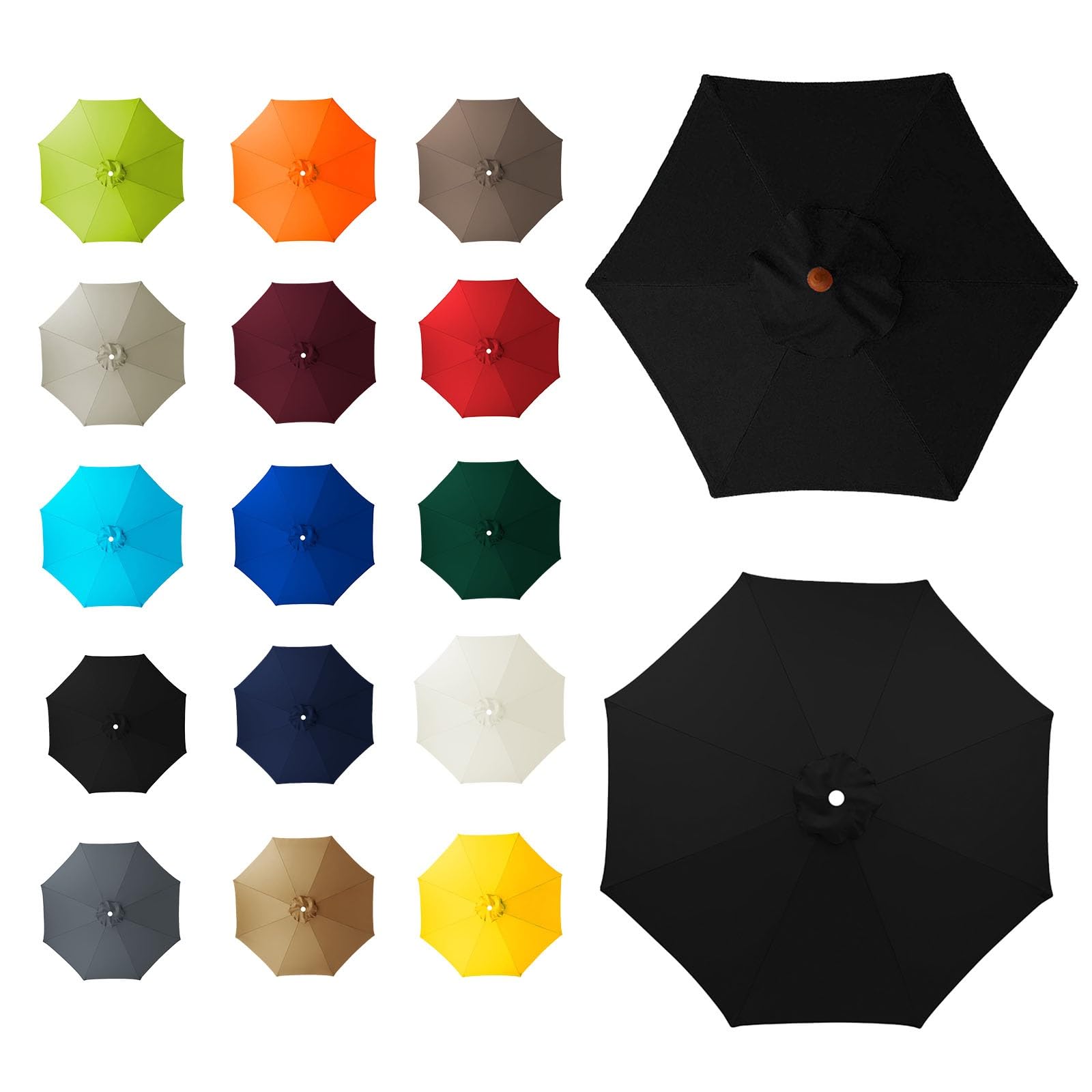 6 Arms/8 Arms Umbrella Replacement Canopy, Replacement Canopy, Replacement Parasol Cover, Sun Umbrella Replacement Cloth, Many Colours, for Patio Market Table, Patio, swimming Pool(Black,8ribs:2m/6.5f