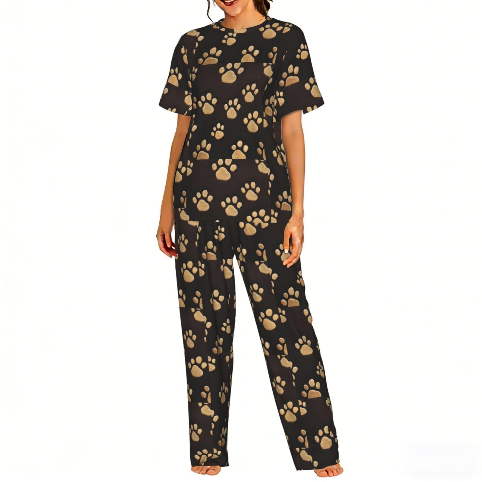 Zouey Set Nightgown Short Sleeves Women's Pyjama Sets Crewneck with Pockets Nightwear,Dog Paw Prints Print,As shown,M