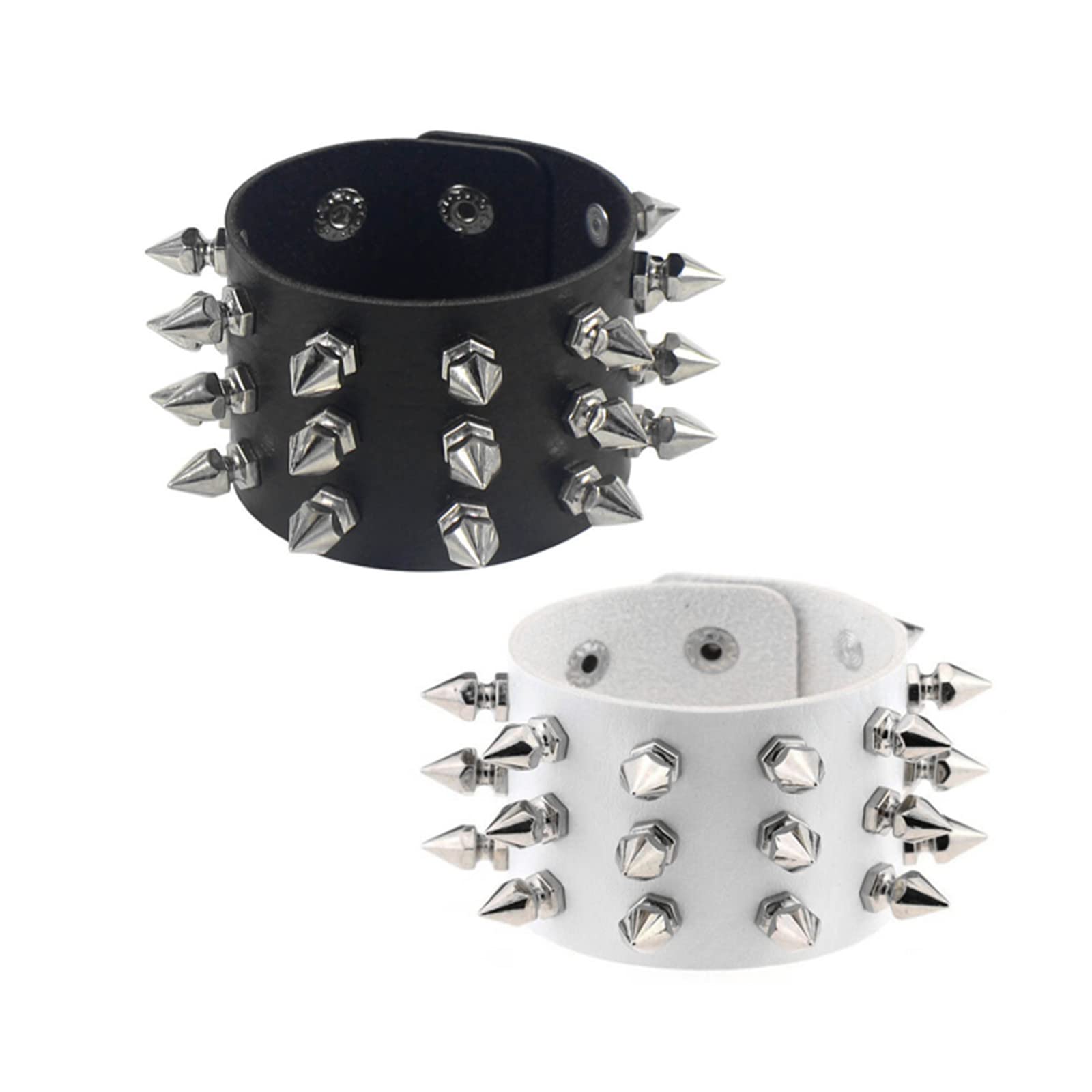 Caiyao2-4Pcs Punk Faux Leather Spike Rivet Cuff Bracelet Set Gothic Wide Studded Nails Snap Button Wrap Bangle Wristband for Women Men Rock Adjustable Halloween Cosplay Jewelry