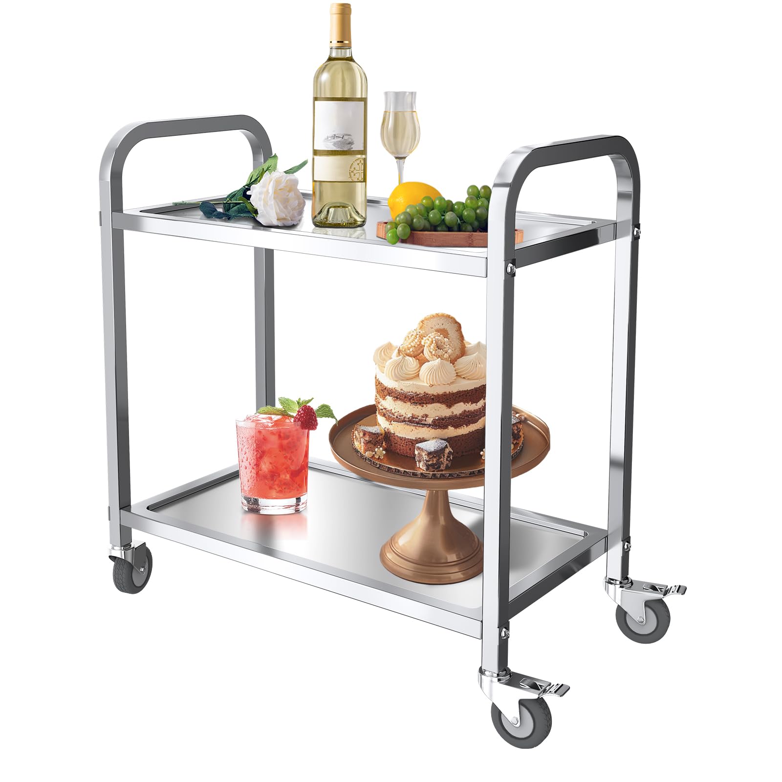 MOOTACO Stainless Steel Kitchen Trolley, 2 Tier Kitchen Utility Service Cart with Locking Wheels for Hotels,Restaurants,Garage (85x45xH90cm)