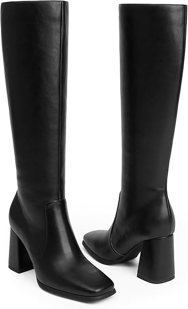 Modatope Women’s Knee-High Boots – Chunky Heel Square Toe Side Zipper Tall Boots
