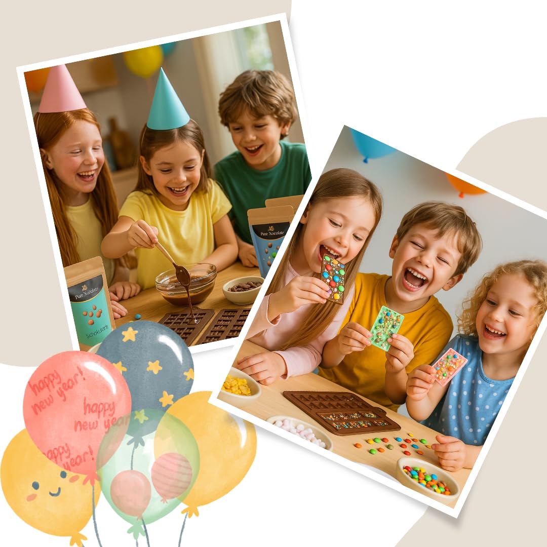 Pure Xocolate – Schokolade selber machen – Kreativset für 4 Kinder – inkl. 400g Schokolade, 6 bunte Toppings & Silikonform – Kindergeburtstag drinnen – DIY Set (Volle Größe, Mini-Tafel-Silikonform)