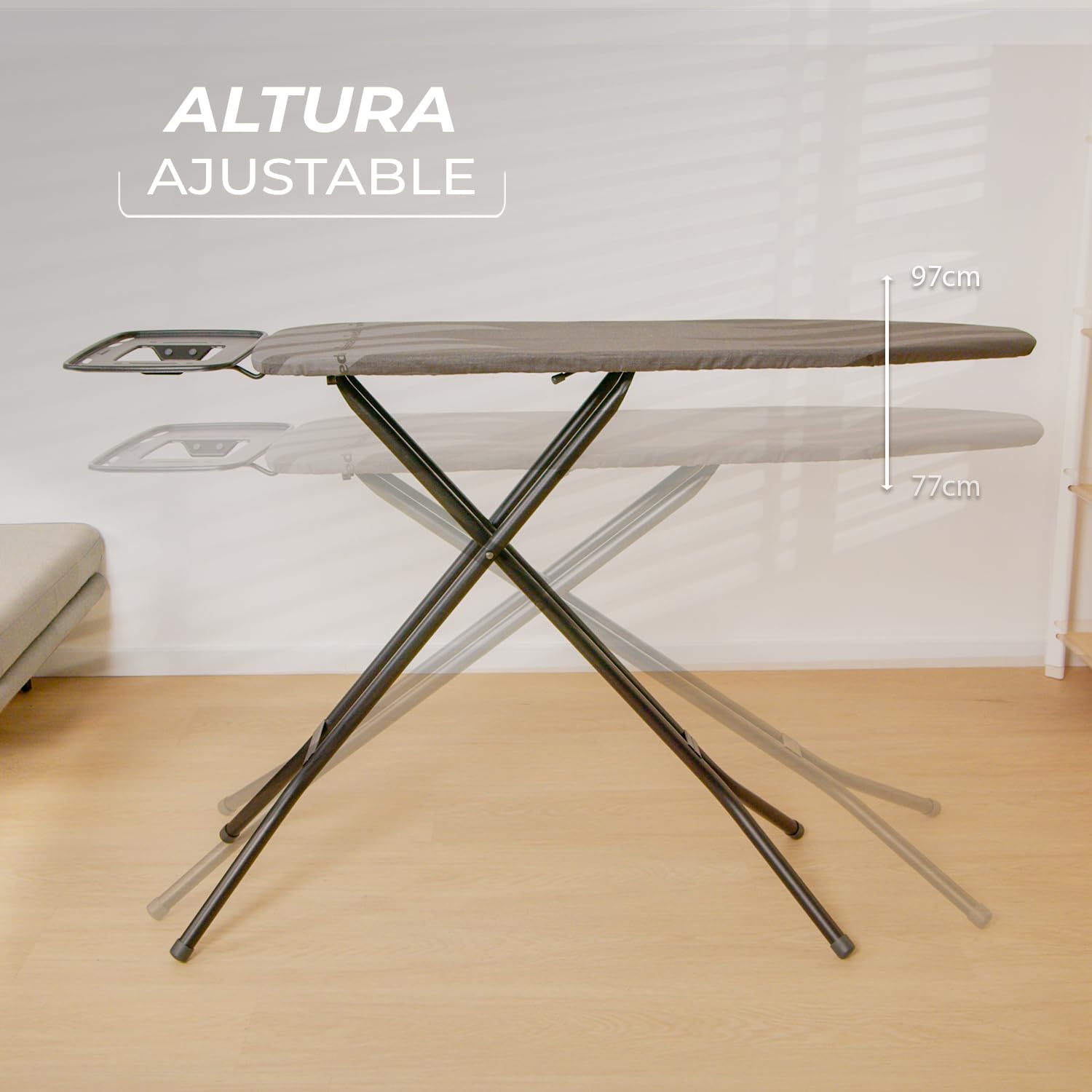 Vileda Tabla de Planchar Total Reflect Ultimate, Planchado Extra rápido, Extra Robusta, Superficie de Planchado Amplia, Altura Ajustable, Reposa Plancha XXL, Fácil de Plegar y de Guardar