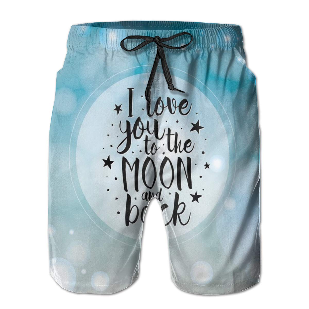 Men Swim Trunks Beach Shorts,Dreamy Fantasy Background with Valentines Frame Black Stars and Typography L