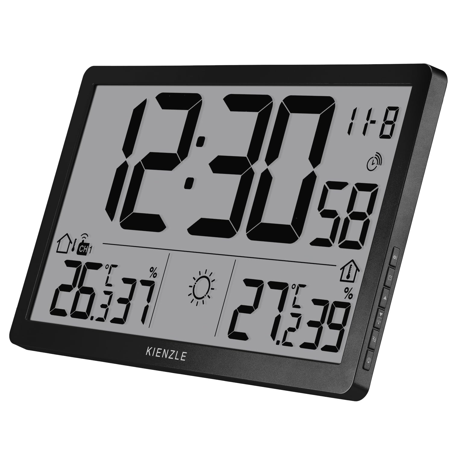 Kienzle Jumbo NEO LCD Wetter Wanduhr schwarz mit XXL Display Außensensor | Innen und Außentemperatur, Luftfeuchtigkeit, Wettervorhersage, Luftdruck, DCF Zeit, Wecker, Max Min Speicher, 80 m