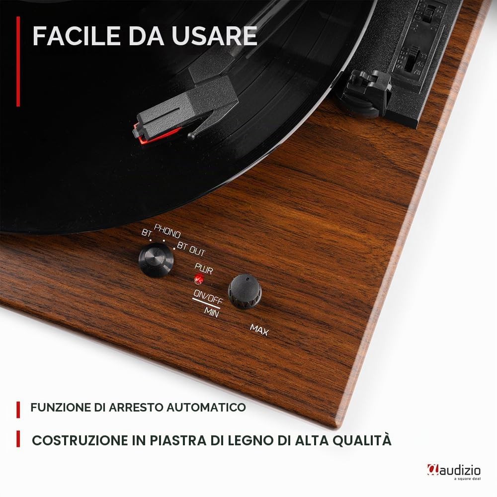Audizio RP112AD - Platino in vinile Bluetooth in & Out - Acacia, altoparlanti stereo integrati, riproduzione dischi 33, 45 e 78 giri, un giradischi ideale per decorare e ascoltare i tuoi vinili