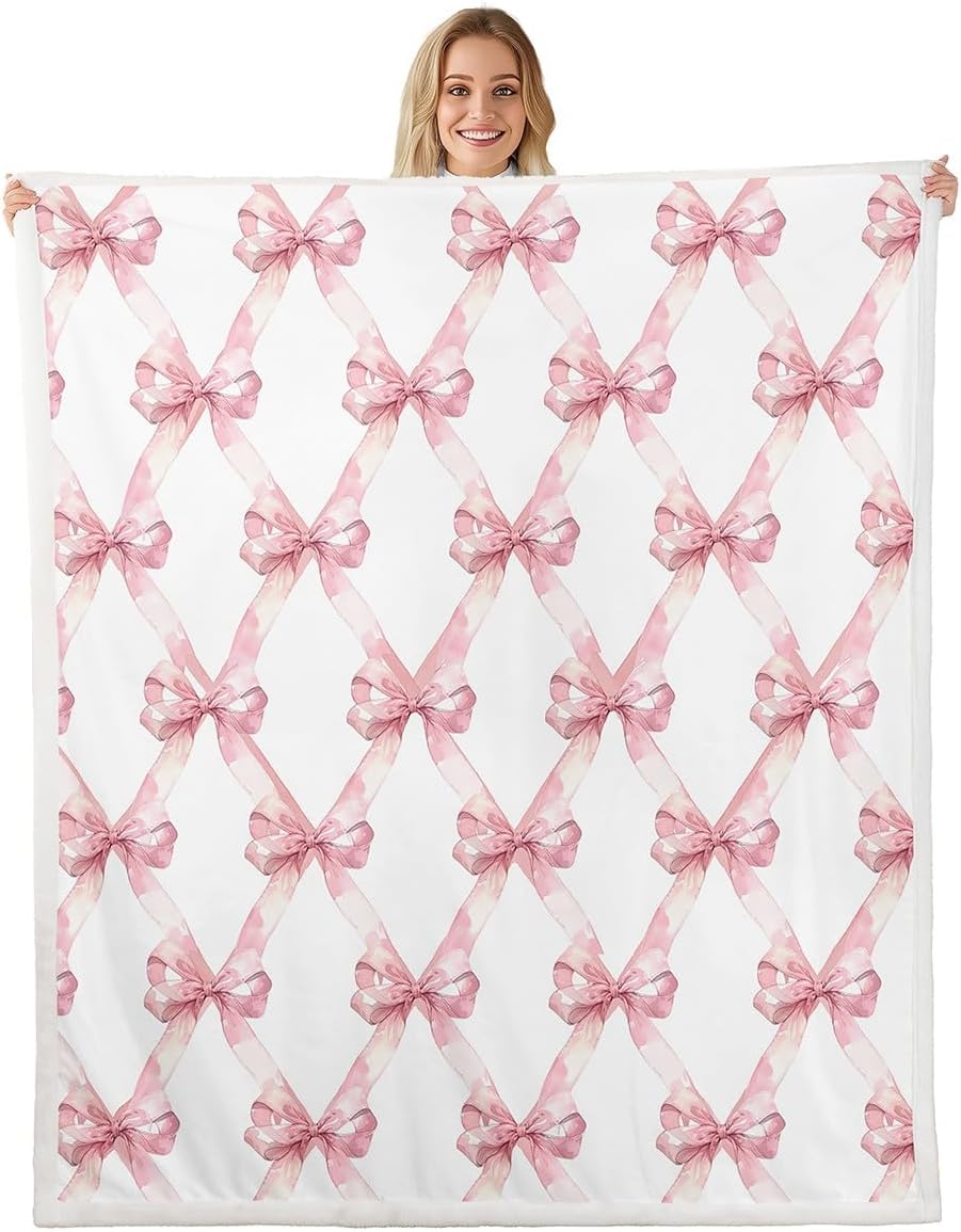Manfei Pink Bowknot Flannel Blanket Dreamy Princess Style Kids Girls Fleece Throw Blanket for Room Decor,Watercolor Bow Geometric Grids White Bed Blanket for Bed Sofa Couch,Baby 30"x40" - Image 3