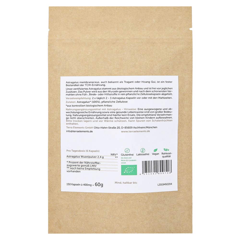 Terra Elements Bio Astragalus Kapseln (400 mg, 150 St) I Astragalus membranaceus I Tragant I 100% rein I Vegan I Rohkost