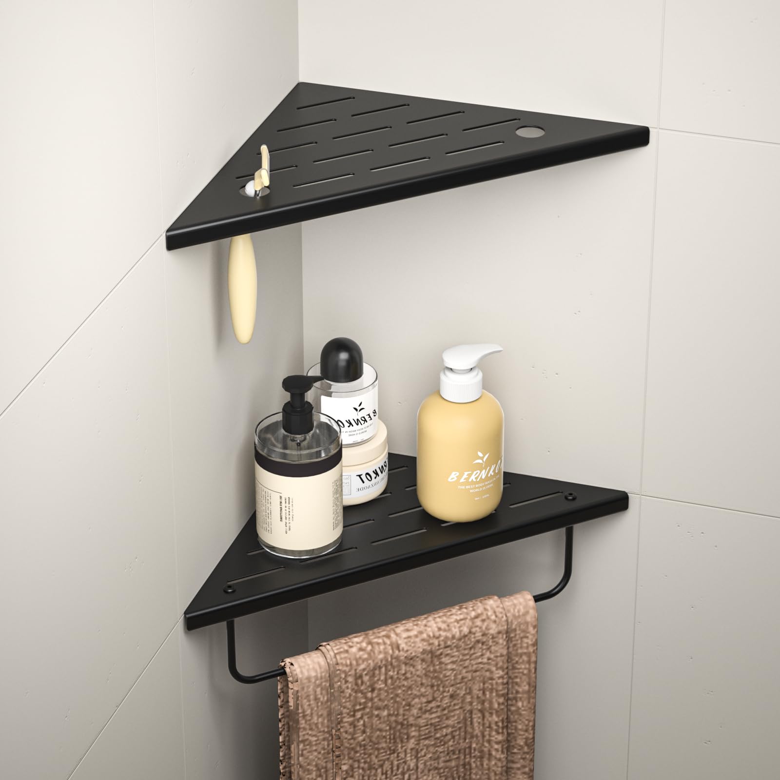 Eck-Duschregal aus 304-Edelstahl,Eckregal Dusche mit Handtuchstange | 25,4 cm Duschablage Ecke für Badrenovierung, Eckablage für die Dusche, passend für geflieste Wände,schwarz