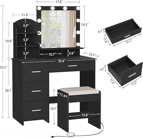 Miniatura 8 de Quimoo Tocador de maquillaje con 10 bombillas y estación de carga, escritorio con espejo iluminado y 4 cajones, juego de mesa de tocador con