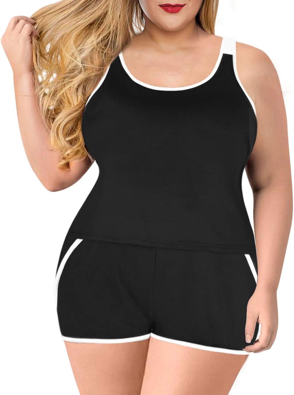 XAKALAKA Women Plus Size Pajamas Shorts Lingerie Set Sleep PJ Set Nightwear Solid Black XXXL