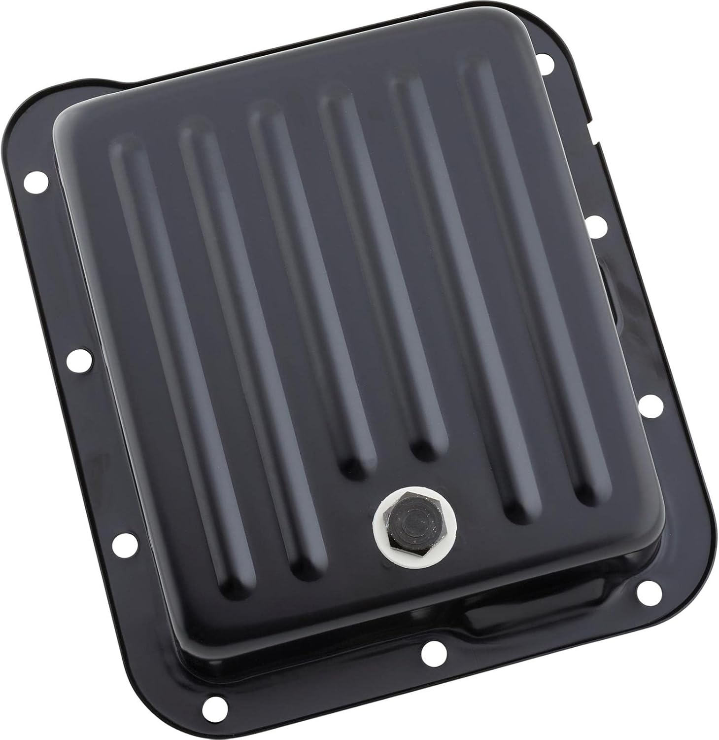 Speedway Motors Black Steel Transmission Pan Compatible with Ford C4 Case Fill Style, Stock Capacity 2-3/8 Inch Deep with Drain Plug for Easy Fluid Service and Maintenance