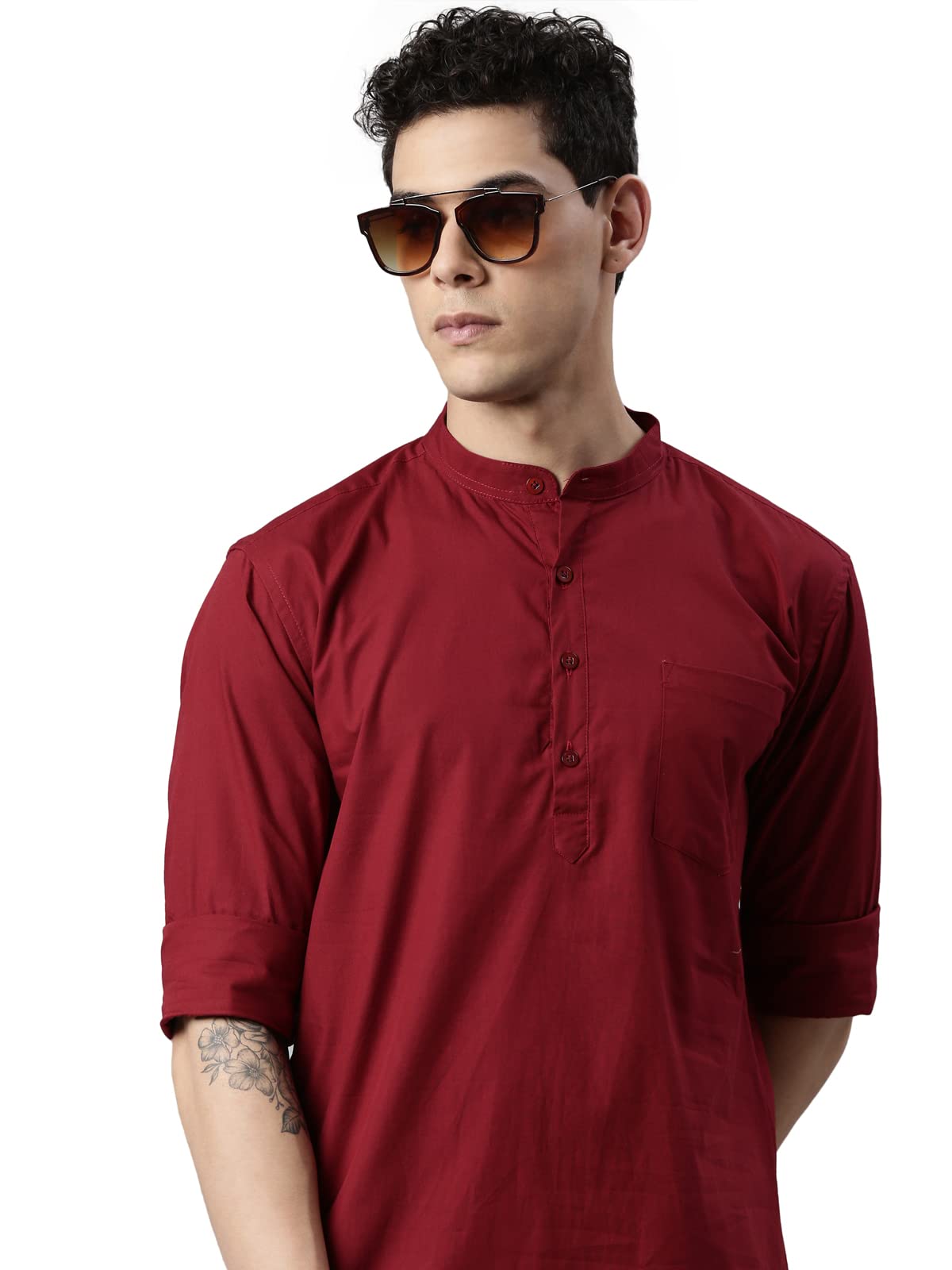 The Soul PatrolMen's Cotton Solid Full Sleeves Mandrian Collar Short Kurta