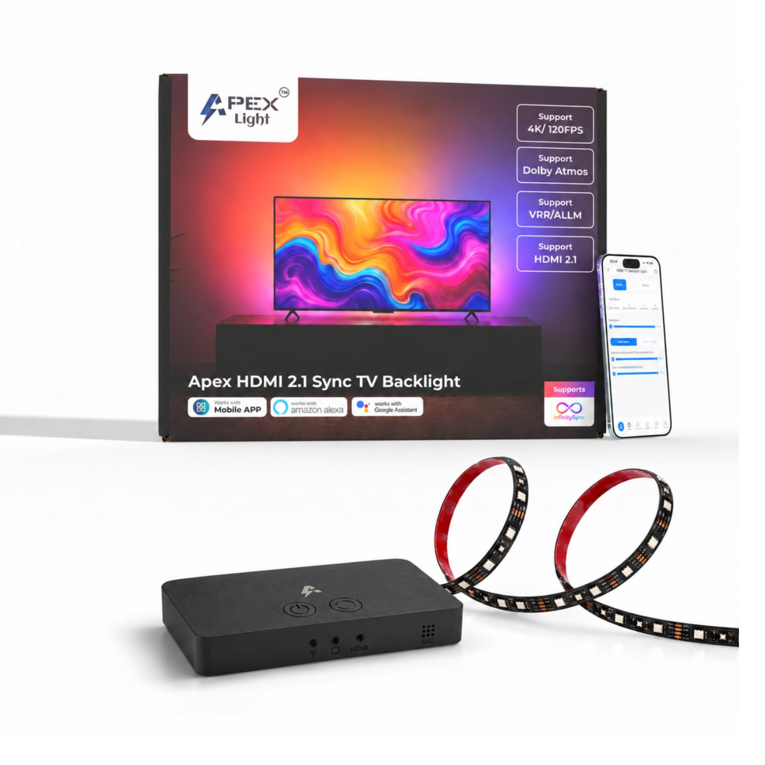 Apex HDMI 2.1 Version TV Backlight, HDMI 2.1 Sync Box, Supports 8K@60Hz, 4K@120Hz, VRR and ALLM, Works with Google Assistant and Alexa, RGBIC LED Ligh...