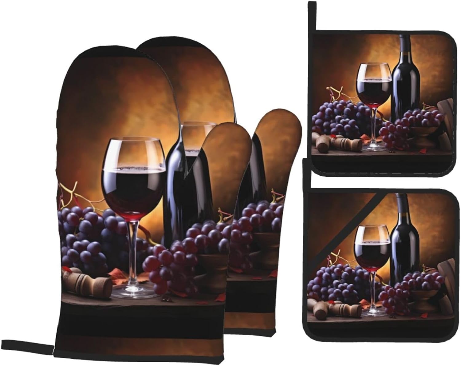 (Grape Wine) Baking 4-Piece Set: 2 Oven Mitts and 2 Pot Holders Heat Resistant Waterproof Hanging Loop for Kitchen Oven Grill Housewarming Gifts