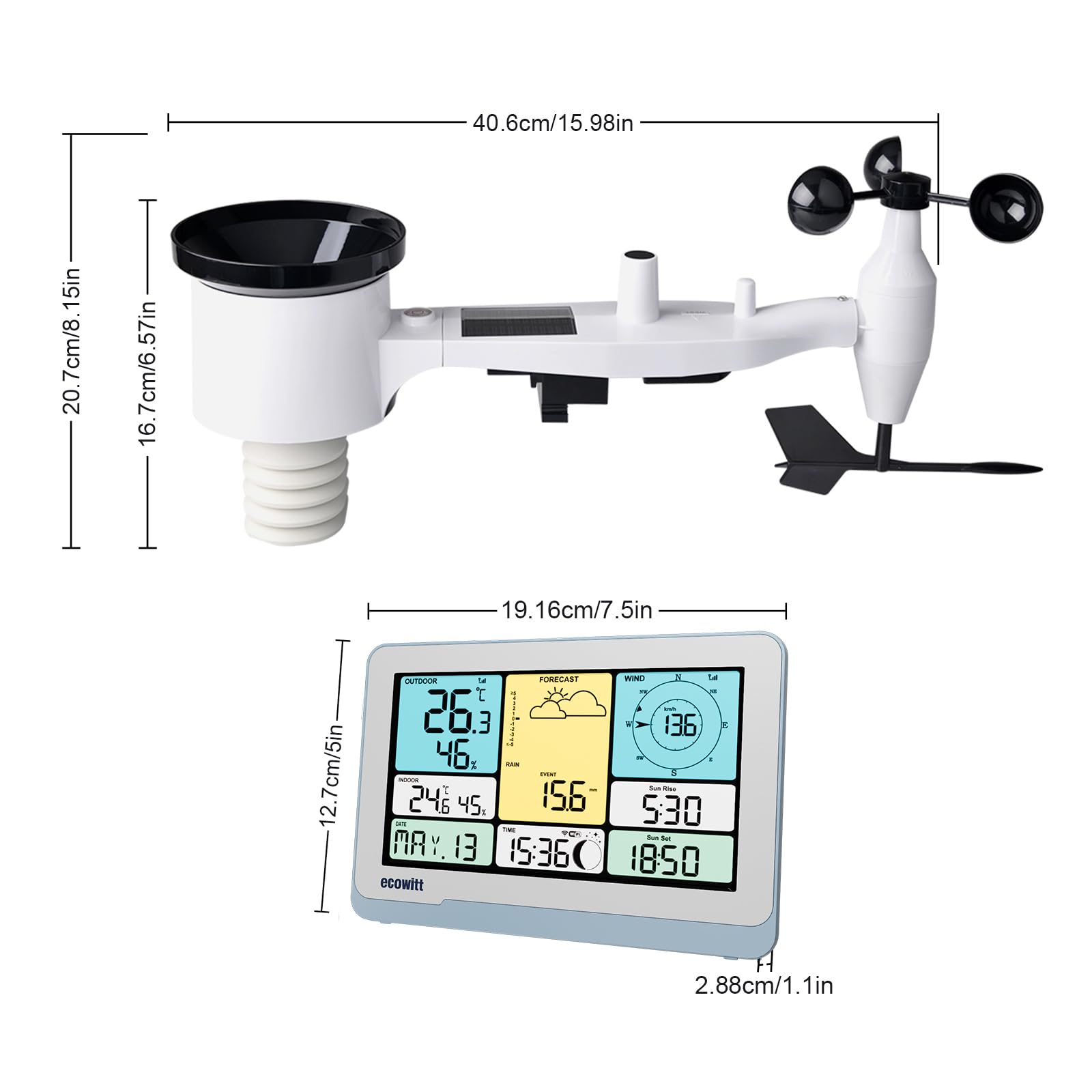 ECOWITT Stacja pogodowa z czujnikiem zewnętrznym WS3820, 7 w 1, energia słoneczna, Wifi dom pogoda czujnik zewnętrzny WS69, 7,5 ogród, bezprzewodowy, kolorowy wyświetlacz LCD do wnętrz