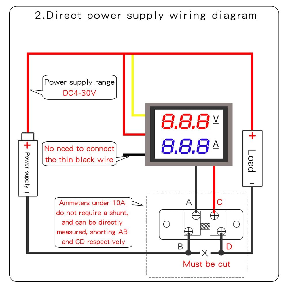 Greluma 1 Pezzo Voltmetro amperometro digitale da 0,28'', DC 0-100V 50A, doppio display LED rosso e blu, misuratore di tensione e corrente, tester 2 in 1 con shunt 50A/75mV
