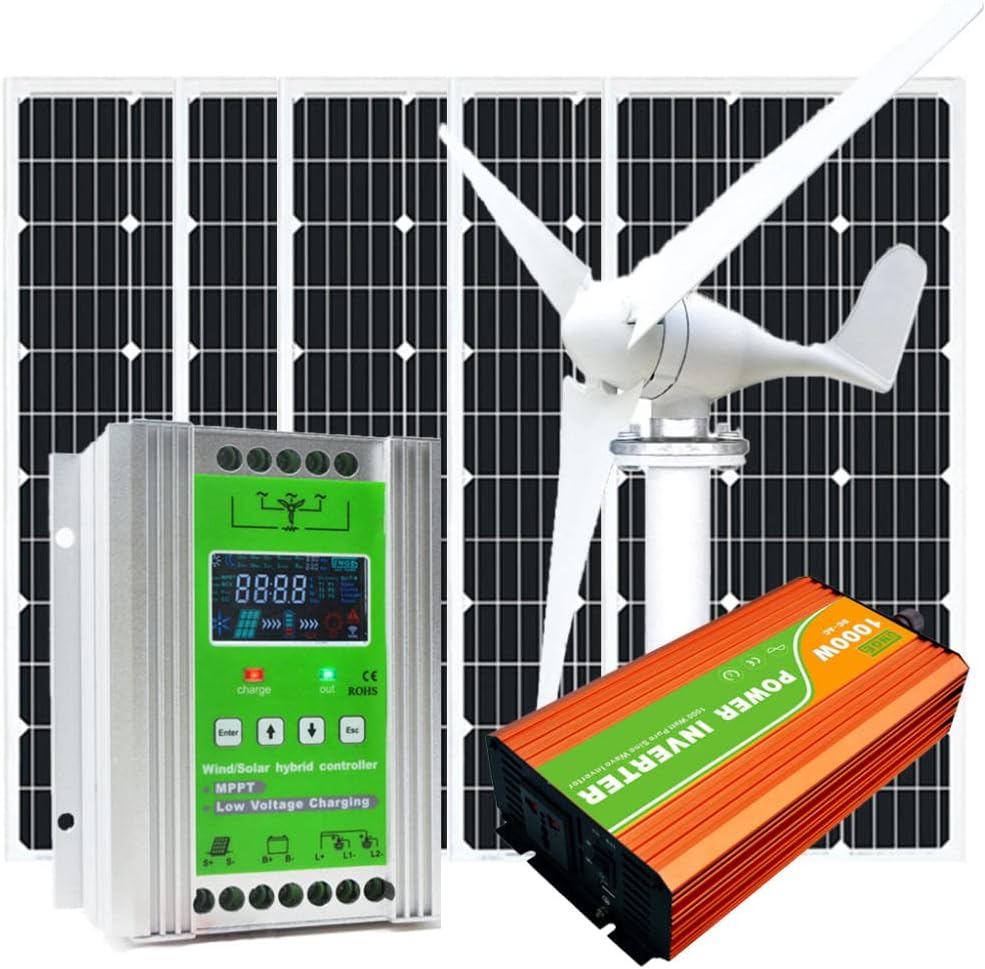 800W Home Wind Turbine Generator and Solar Panel System Kit: 300Watt Wind Turbine Generator + 100W Solar Panel X 5 + MPPT Charge Controller (Phone Control)+ 1000W Inverter + Off-Grid System