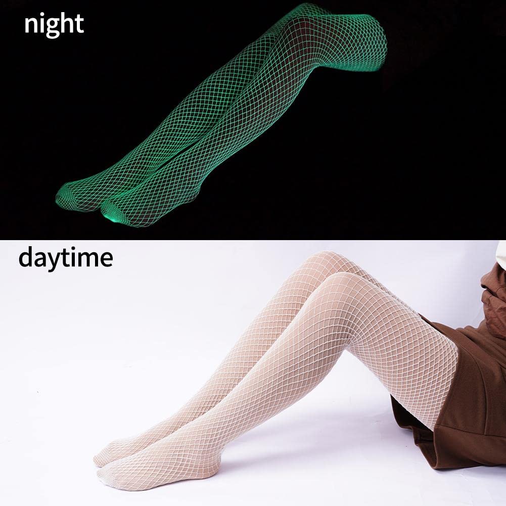 DTWAWA Glow in the Dark Fishnets Stockings, High Waist Tights Party Stockings for Womens: One Size White-green