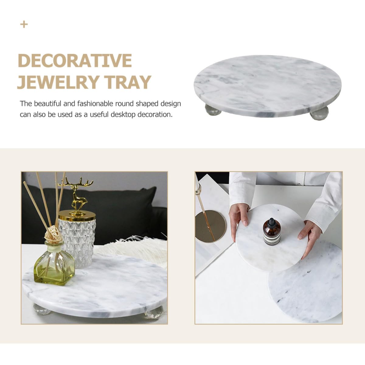 Bandeja Decorativa de Mármol Redonda Hogar, Accesorio Multifunción y Decoración de Escritorio, Adecuado para Comedor y Almacenamiento de Joyas