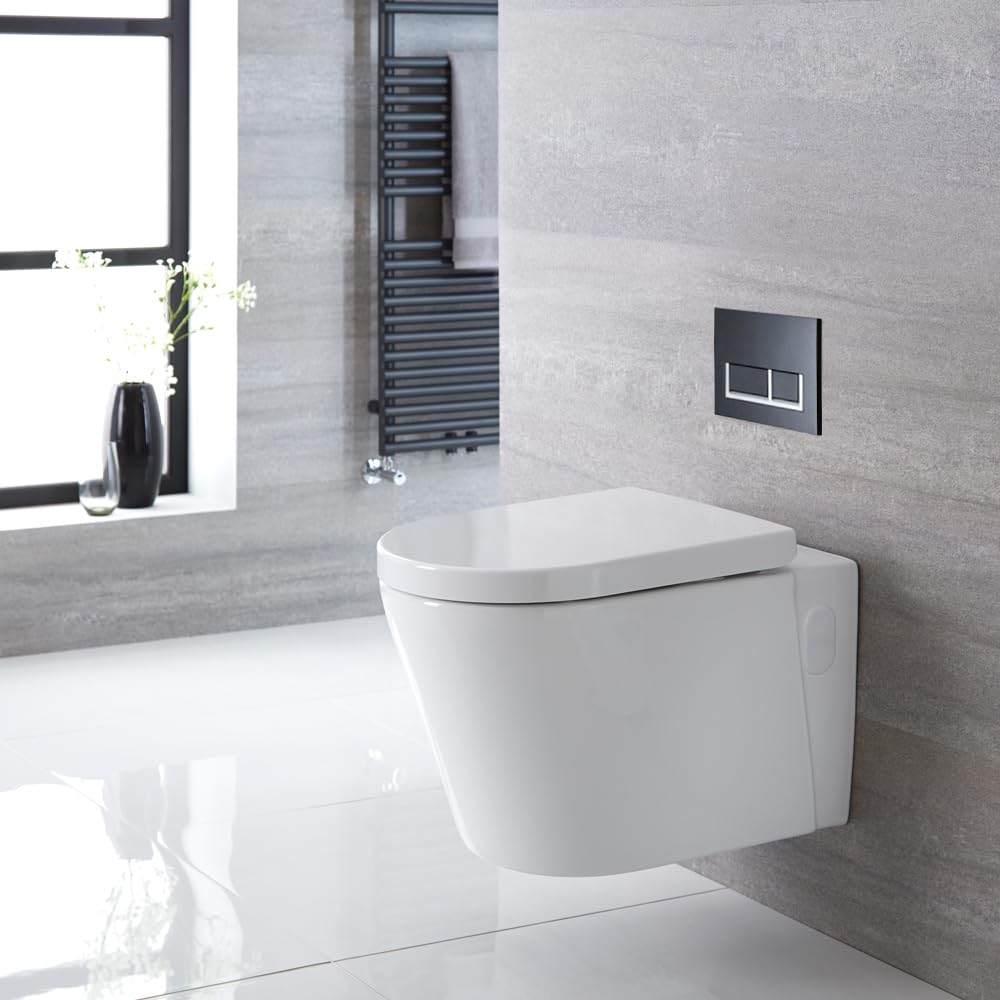 Milano Ballam White Wall Hung Round Toilet Short Frame Dual Flush Cistern - Black Rectangular Plate