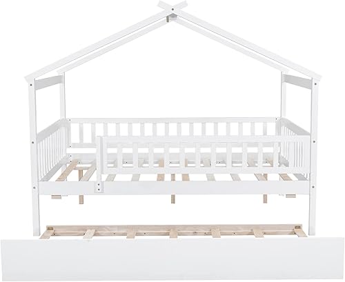 Miniatura 5 de Cama de casa con nido y valla, camas de tamaño matrimonial estilo Montessori con barandillas, marco de cama de madera para niños, niñas, niños,