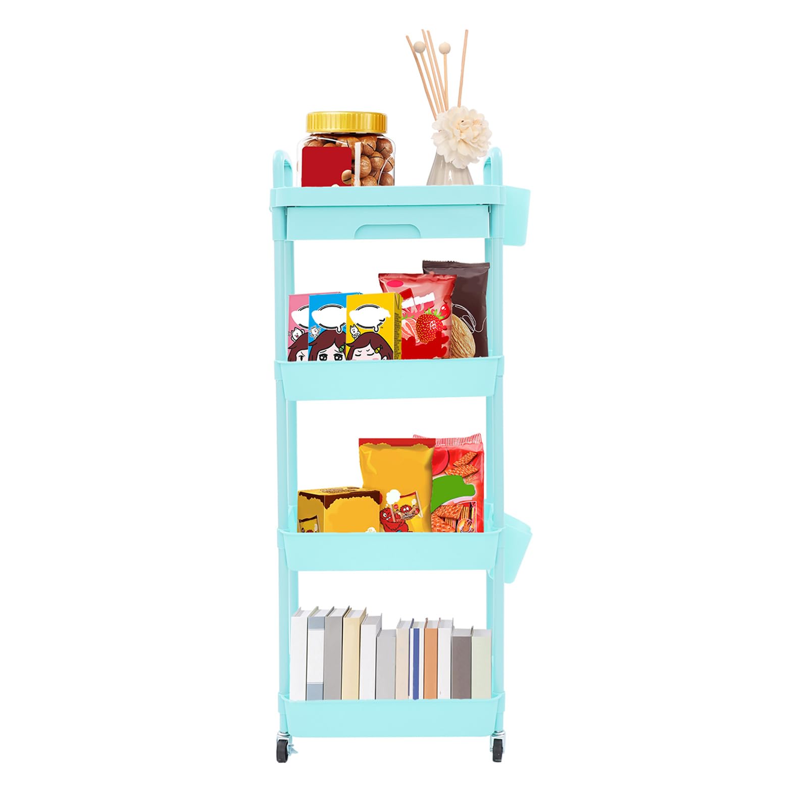 Carrello portaoggetti a 4 ripiani con cassetto, carrello multifunzione per camera da letto, cucina, bagno, soggiorno, blu