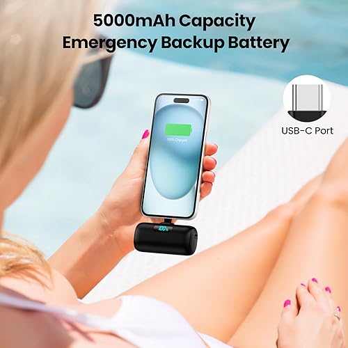 Miniatura 4 de Mini cargador portátil USB C, batería de carga rápida PD mejorada de 5000 mAh, conector USB-C integrado, pantalla LCD, compatible con iPhone 15, 15