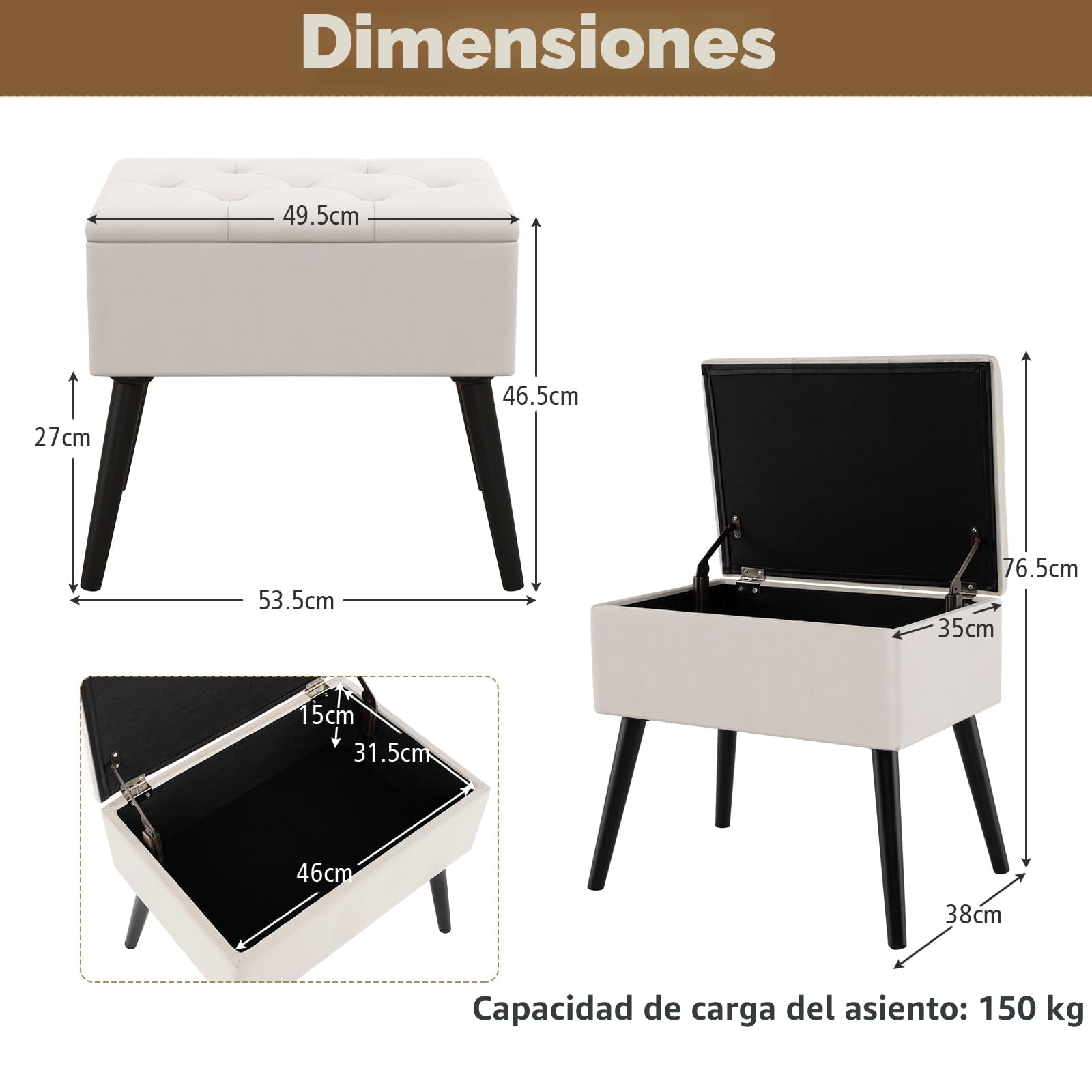 HOMASIS Puff Almacenaje, Baúl de Almacenaje Rectangular, con Asiento Acolchado Abatible, Taburete de Tocador de Terciopelo con Patas de Madera para Salón Dormitorio (Beige)