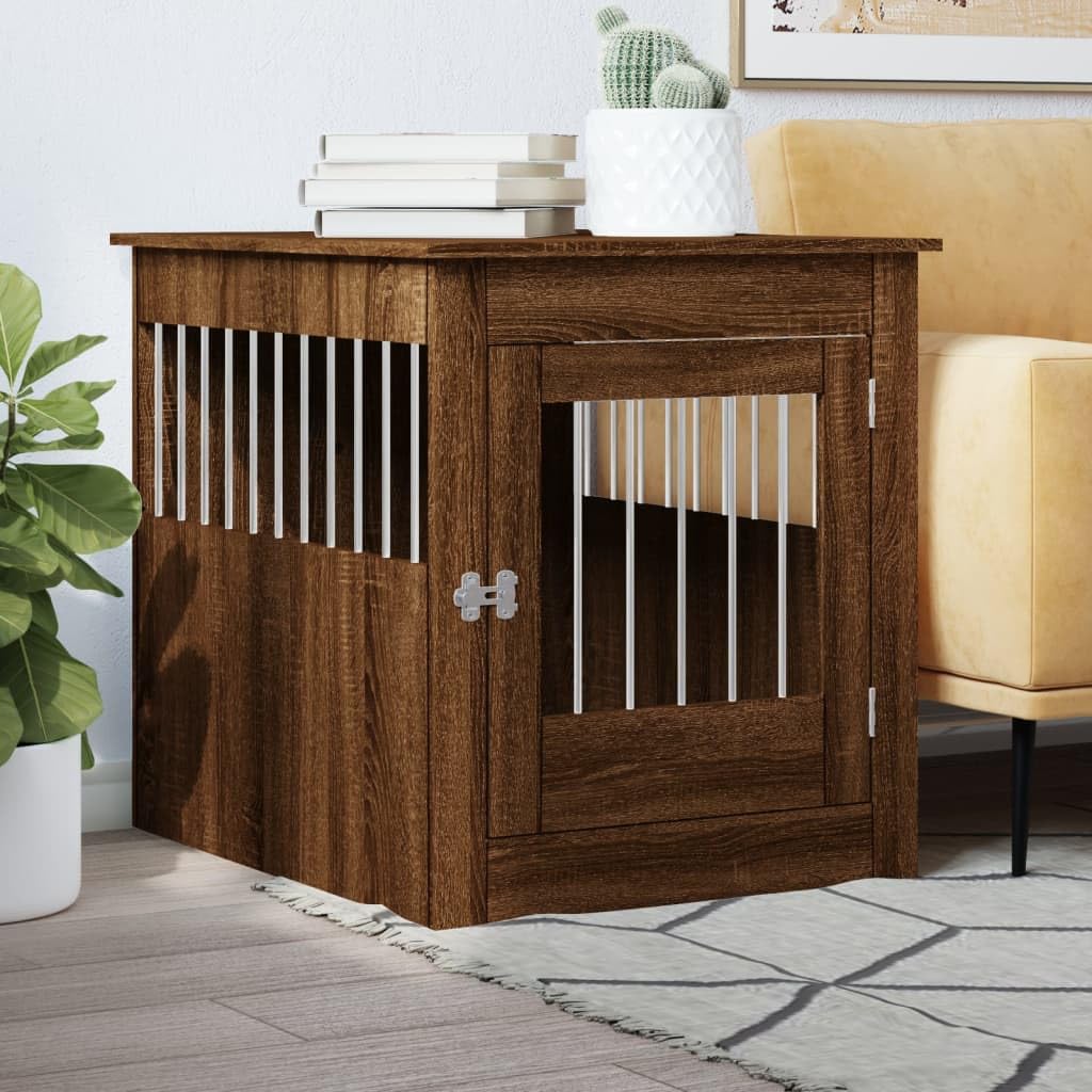Gecheer Dog Crate Furniture Side Table End Table Pet Cage for Small and Medium Dogs With Lockable Door Brown Oak 64.5x80x71 cm Engineered Wood