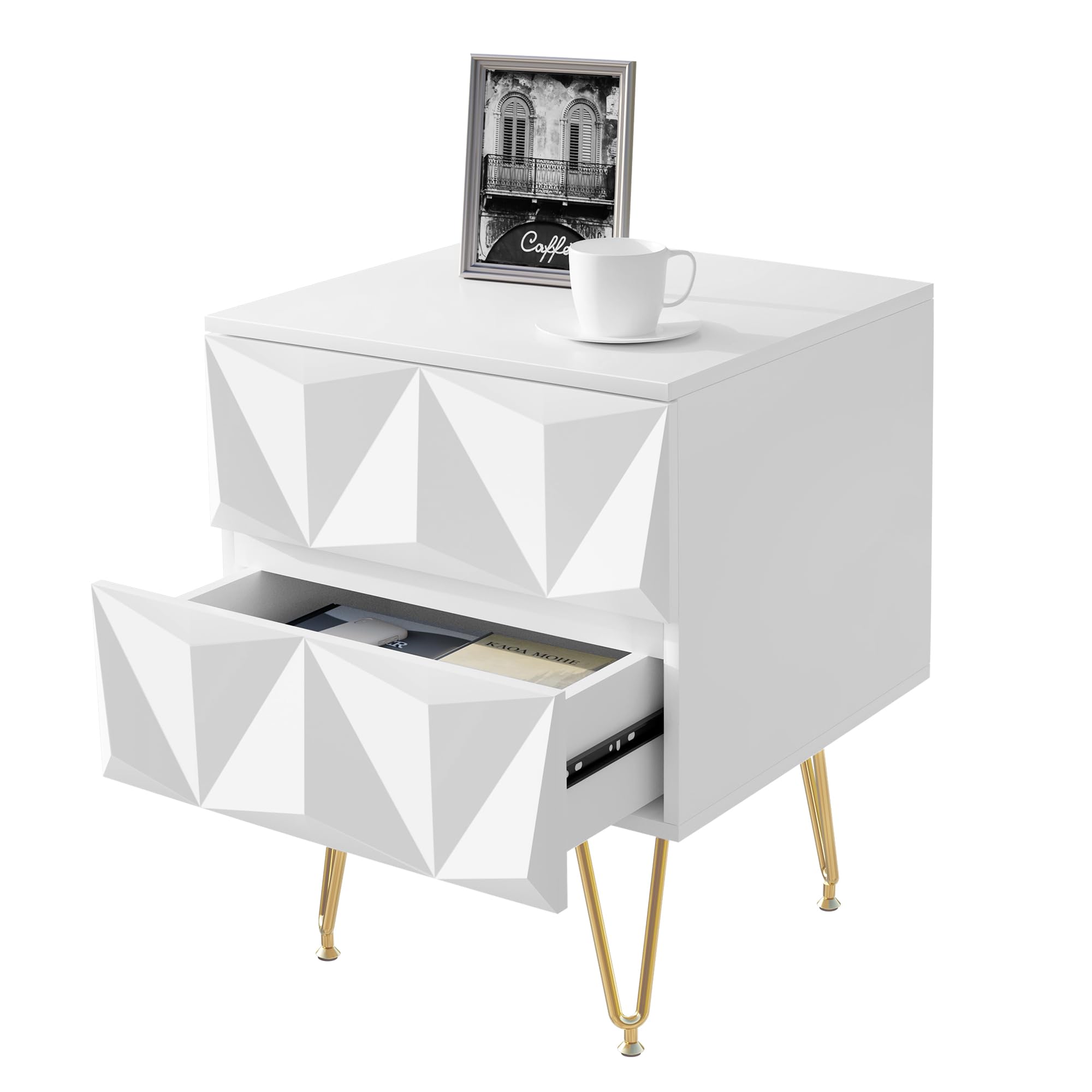 EUGAD Set di 2 Comodino per Camera da Letto, Comodino Bianco con 2 Cassetti e Gambe Dorate, 40x40x53cm, Tavolino da Salotto, Divano, Cameretta, Frontale in Rilievo, in Legno e Metallo, 0001CTG-2