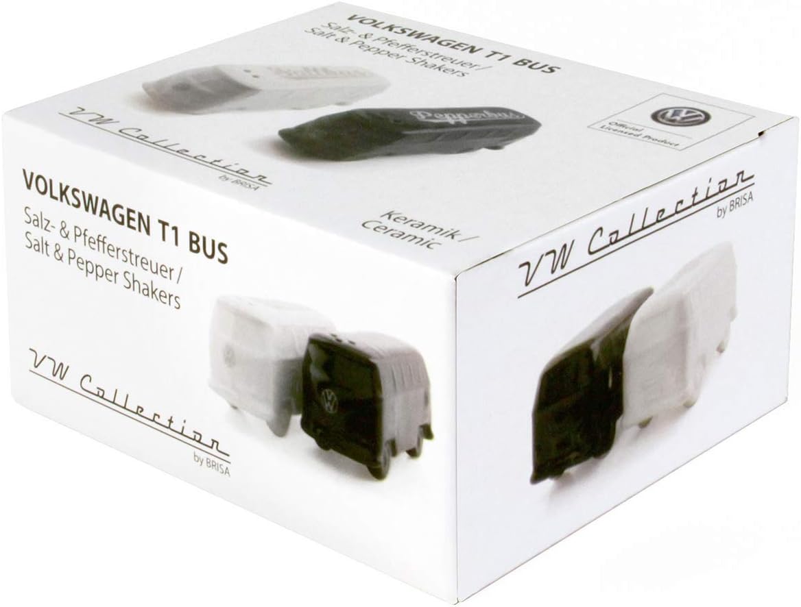 BRISA VW Collection - Volkswagen Salt & Pepper Shakers in Ceramic with T1 Bus Design 2-piece set (Classic Bus/White & Black)
