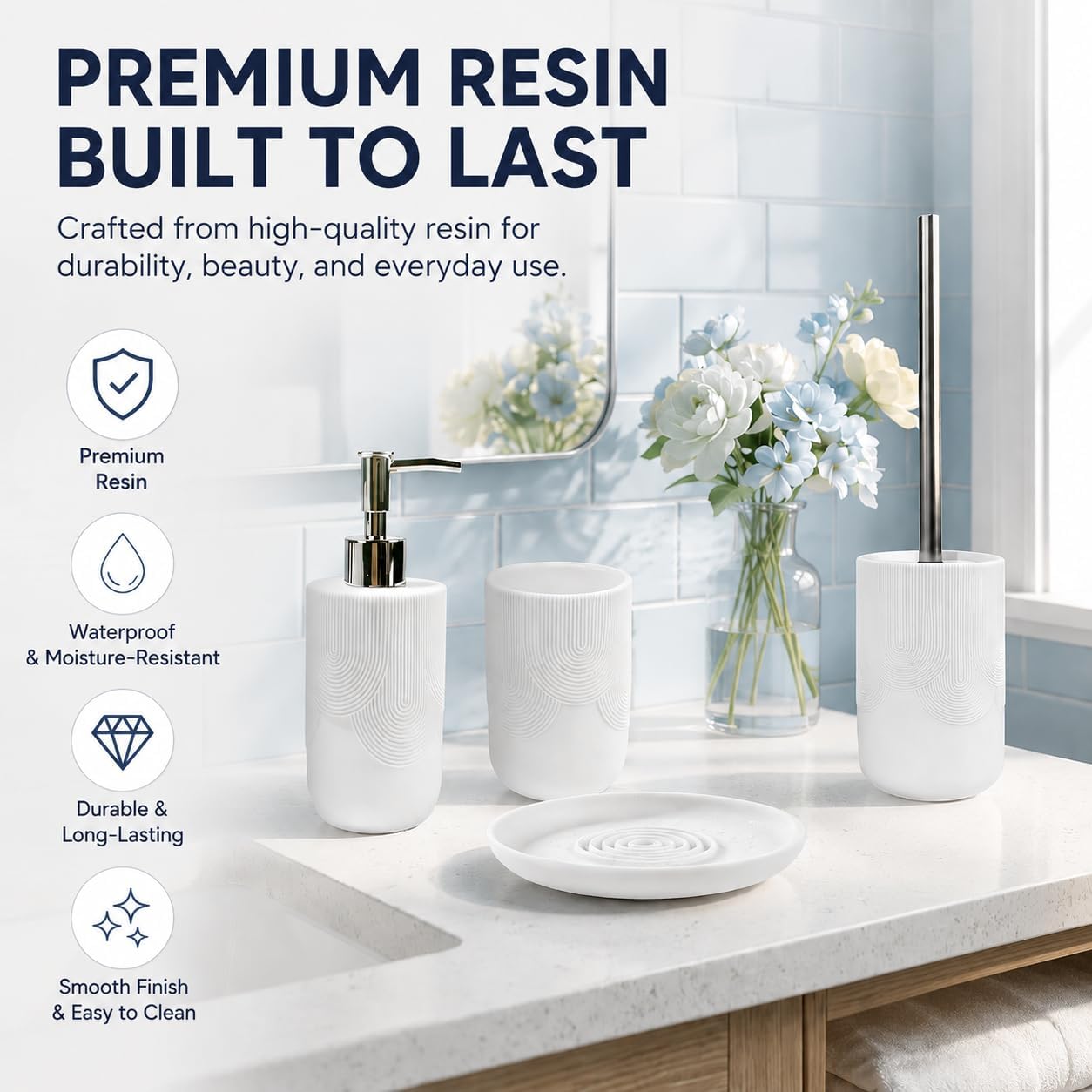4-Piece Resin Bathroom Accessories Set, Luxury Ribbed Bathroom Decor Set with Soap Dispenser, Toothbrush Tumbler, Soap Dish & Toilet Brush Holder, Easy-to-Clean Modern Bathroom Accessory Set, White