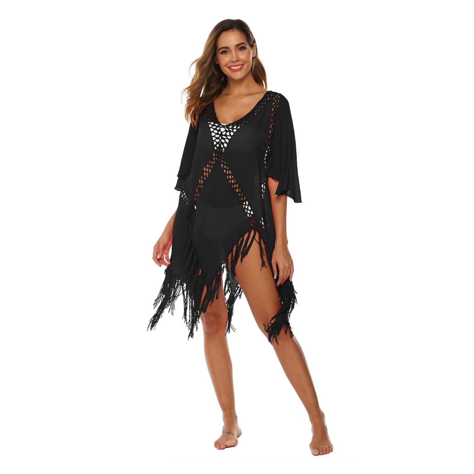 Vestido de Playa de Ganchillo Vestido de Playa sin Espalda con borlas for Mujer, Cuello en V, Traje baño, Ropa, Verano