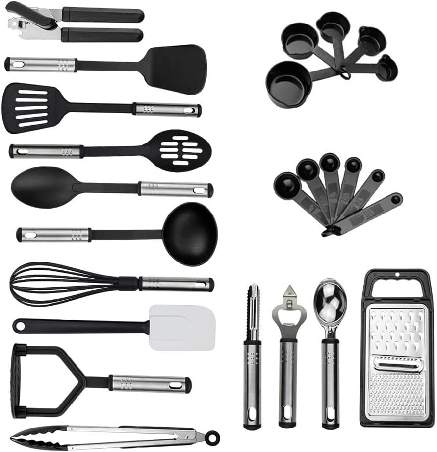 – Silicone Cooking Utensil Set, 24pcs Non-stick Heat Resistant Silicone Cooking Kitchen Utensils Set, Bpa Free, Non Toxic Kitchen Tools Home Essentials with Stainless Steel Handle (Black)