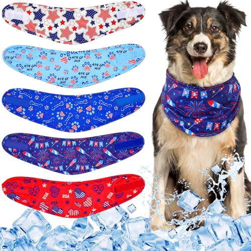 Dansydaisy 5 Pcs 4th of July Dog Cooling Bandanas Patriotic Puppy Instant Cooling Neck Wraps Breathable Ice Scarf Pet Cooler Wraps for Small to Large Dog Training Accessories for Summer Party(L)