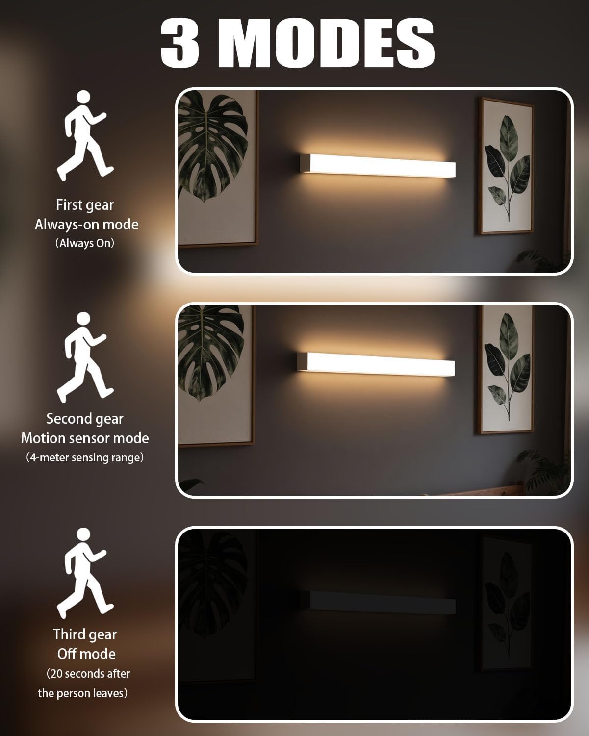 Xueniu 4Pcs Under Cabinet Kitchen Lights 2 Colour Temperatures Dimmable USB Motion Sensor Cabinet Lights Indoor Rechargeable Cupboard Light for Kitchen Wardrobe Bedroom Stairs Shelf (White+Warm) - Image 3