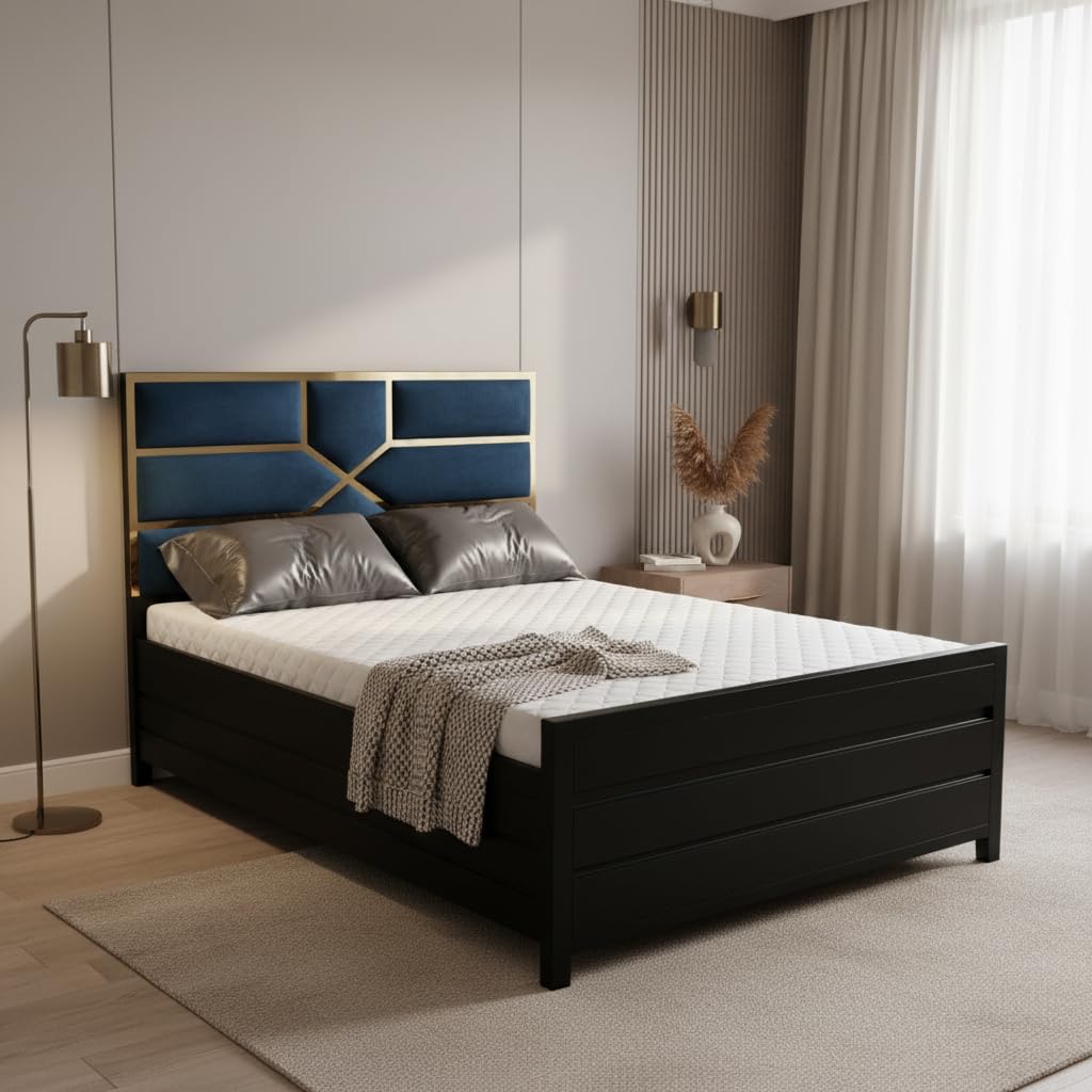 Queen Size Metal Hydraulic Storage Bed | Powder-Coated Wrought Iron Cot with Lift-Up Storage for Bedroom (Mattress Not Included) (Black Frame with Blue Cushioned Headboard, 5 x 6.25 Feet)-picture-23