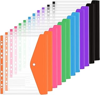 CYH 12Pcs Expandable Punched Pockets A4 Plastic Wallets Folders A4 Ring Binder Document Files Popper Wallets with Label Pocket for Home Office School