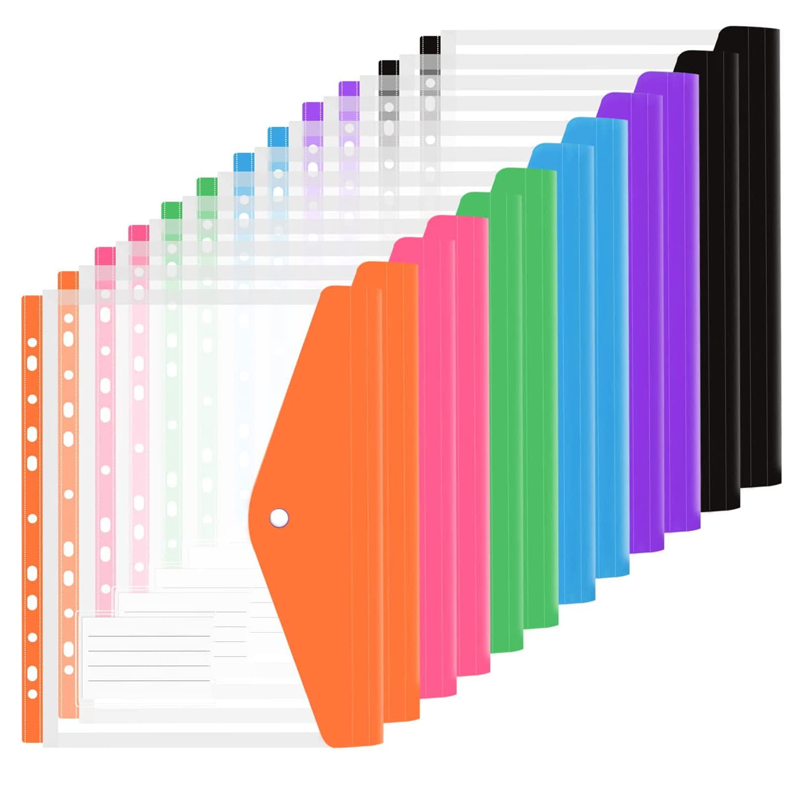 CYH 12Pcs Expandable Punched Pockets A4 Plastic Wallets Folders A4 Ring Binder Document Files Popper Wallets with Label Pocket for Home Office School