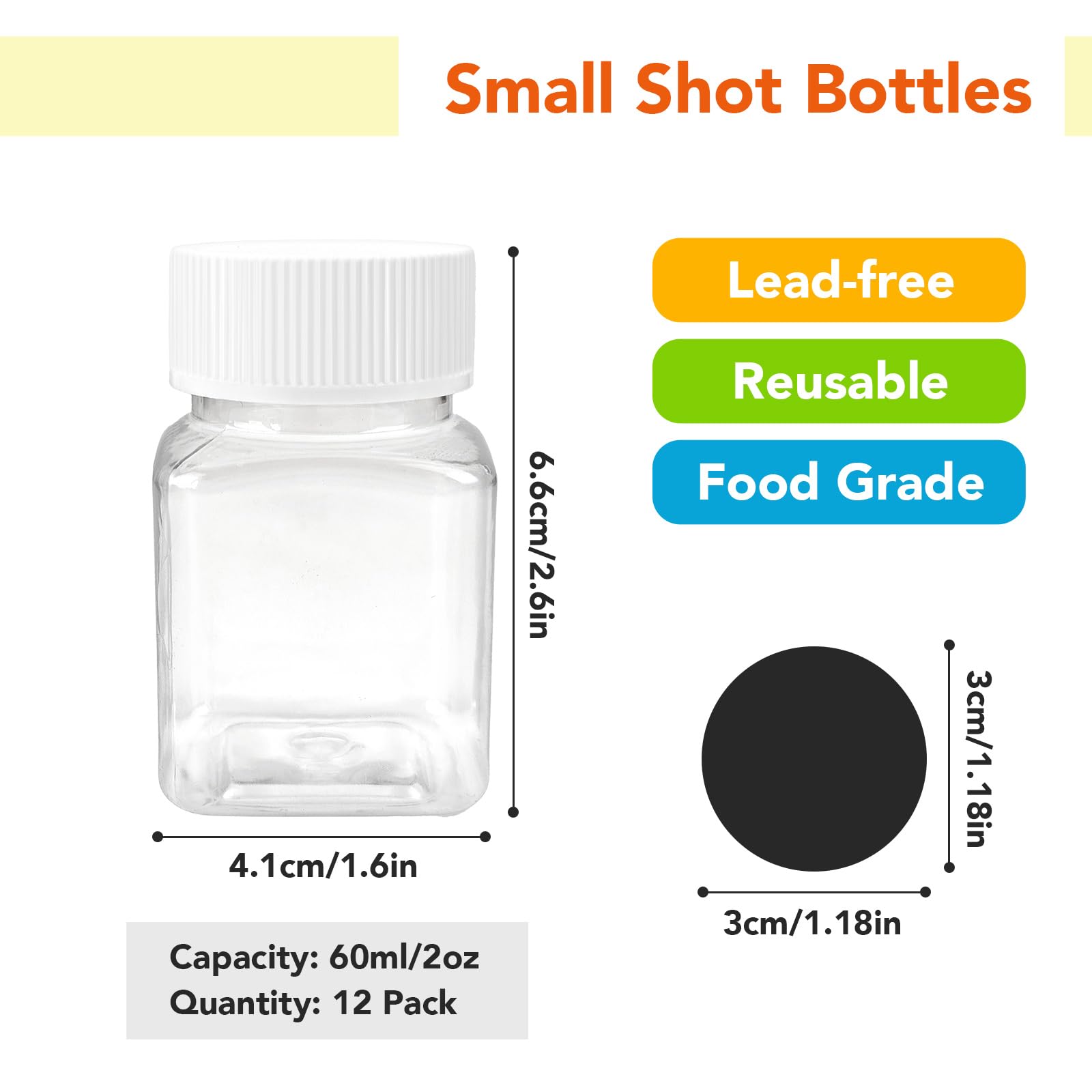 12 szt. małych butelek do shot do napełniania, 60 ml/100 ml, puste plastikowe butelki do smoothie, do napełniania, z naklejką, butelki na imbir, shot, z pokrywką, do soku, mleka (60 ml)