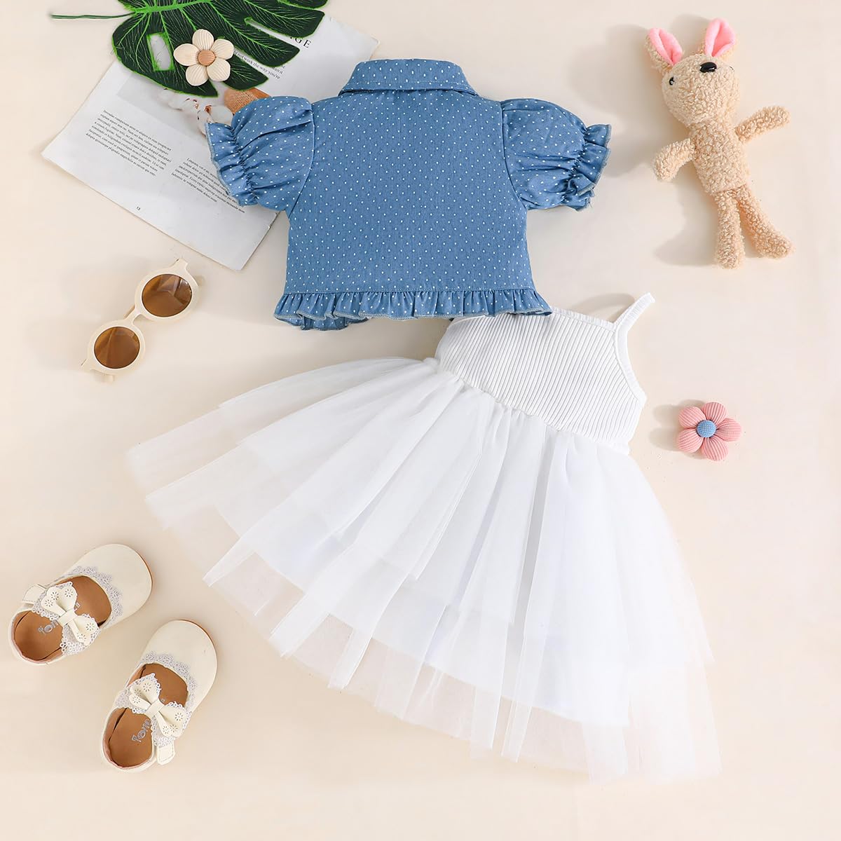 Yanmucy Bambino Bambina Vestito con Cardigan Set 2PCS Bambine Senza Maniche Tulle Tutu Vestito a Maniche Corte Polka DOT Ruffle Coat Top Outfits Abitini per Bambina