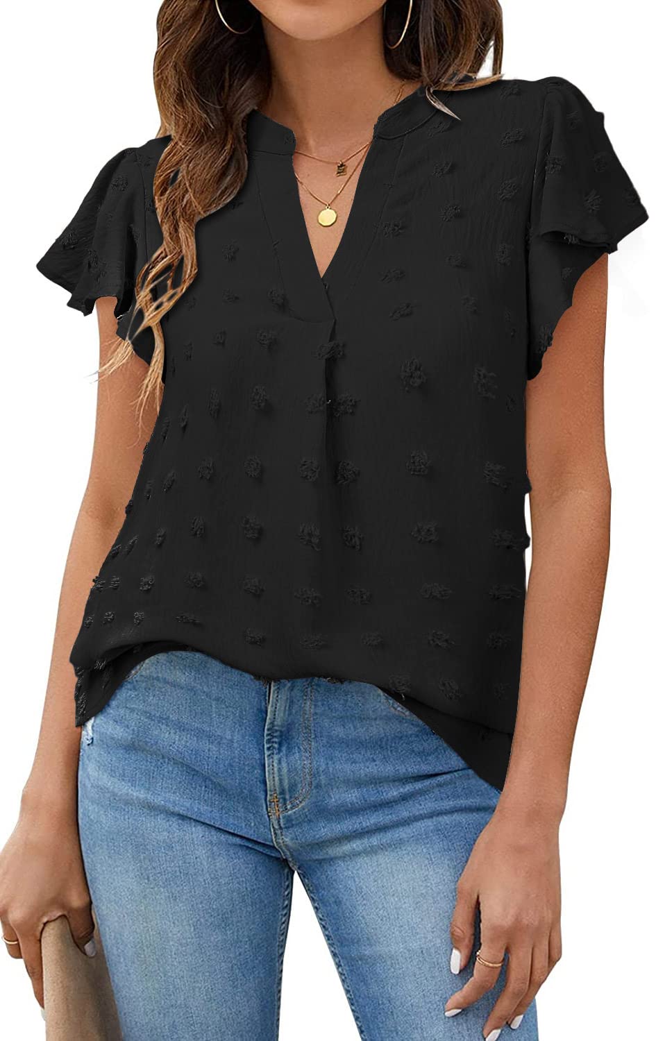 PASUDA Camiseta Mujer Casual Manga Corta Blusas Elegante Cuello en V Camisas Verano Volantes Suelta T Shirt Túnica Básica Tops