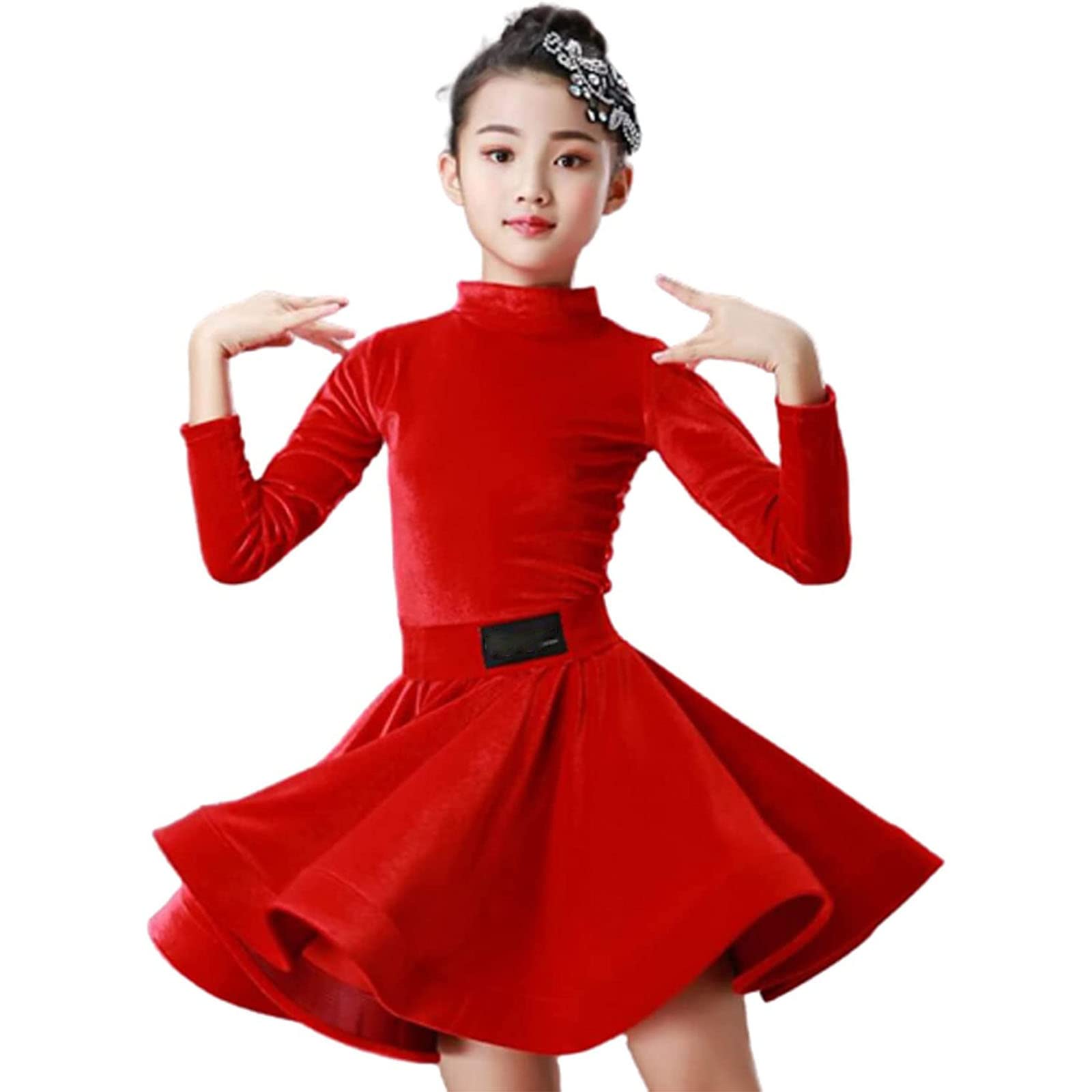 IQOAIJ Girls' Dress for Dancing Latin Dance Dresses for Girls with Full Sleeves, Salsa Tango Children's Dance Costume Skirt Ballroom,A,120