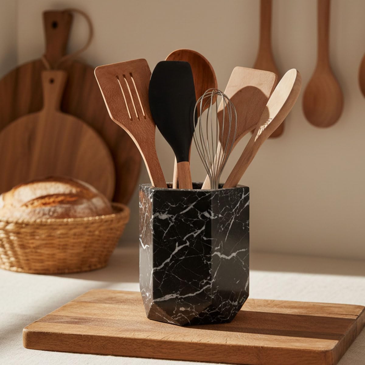 Radicaln Soporte para utensilios de mármol de 6.5 pulgadas, juego de espátulas negras para encimera de cocina, tarro de utensilios de cocina ideal y organizador de artículos esenciales de cocina