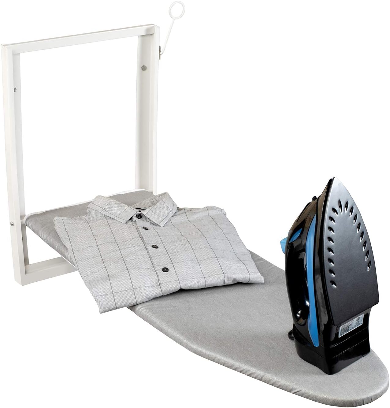 Ivation Wall Mounted Ironing Board with the grey cover, an iron, and a folded shirt on top.