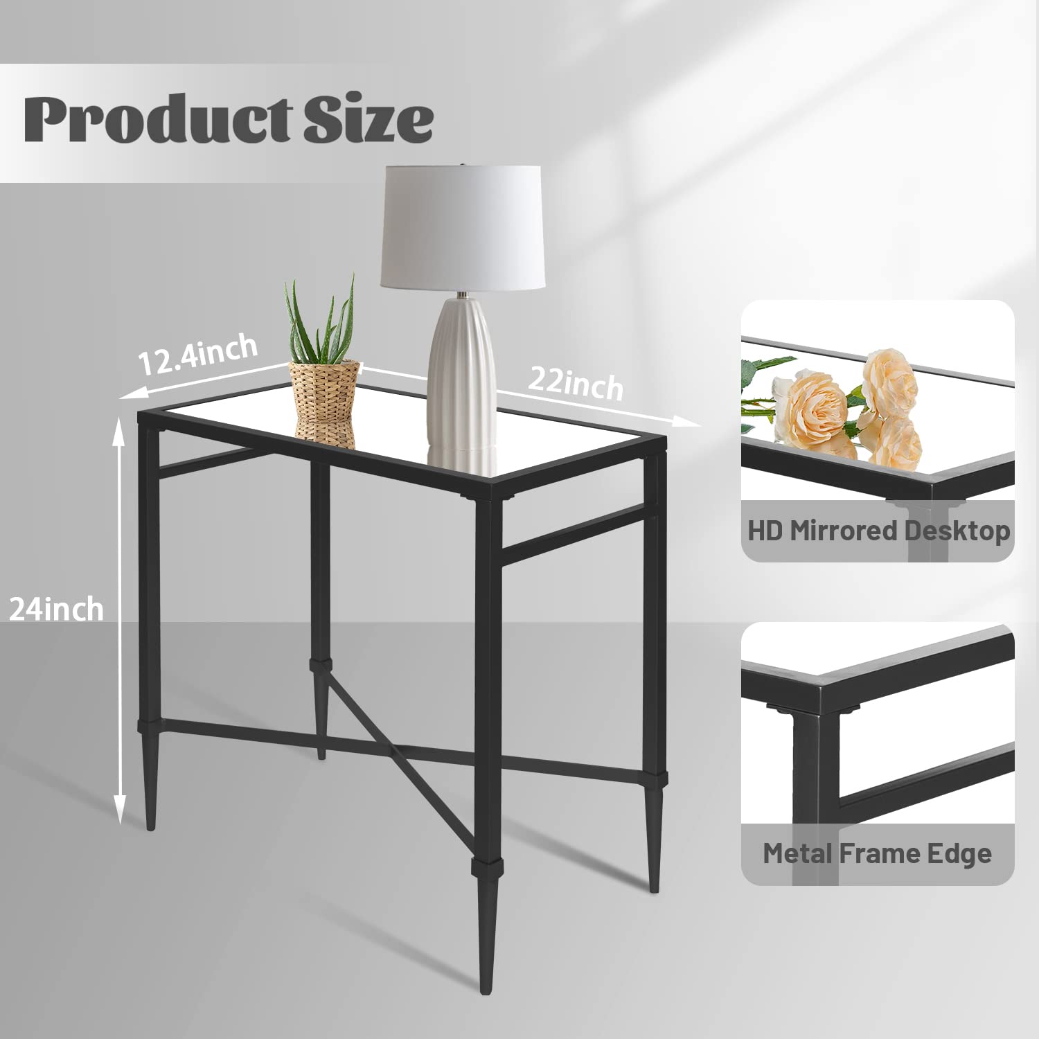 Metal Black End Table, Rectangle Side Table with Mirrored Top | Black Side Tables, Modern Accent Table, Small Narrow Side Tables for Small Spaces, Living Room, 22" L x 12.4" W x 24" D
