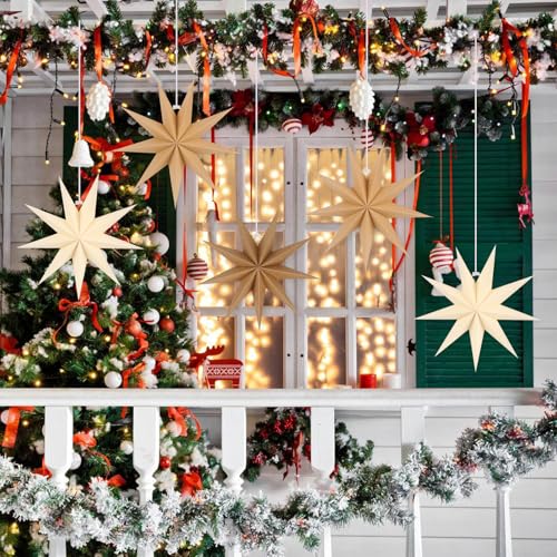 Image of 12 Inches 5 PCS Natural Paper Star Lanterns Christmas Party Decorations Hanging Stars Christmas Party Decorations Wedding Birthday Christmas Home Party Decorations(9 Pointed)