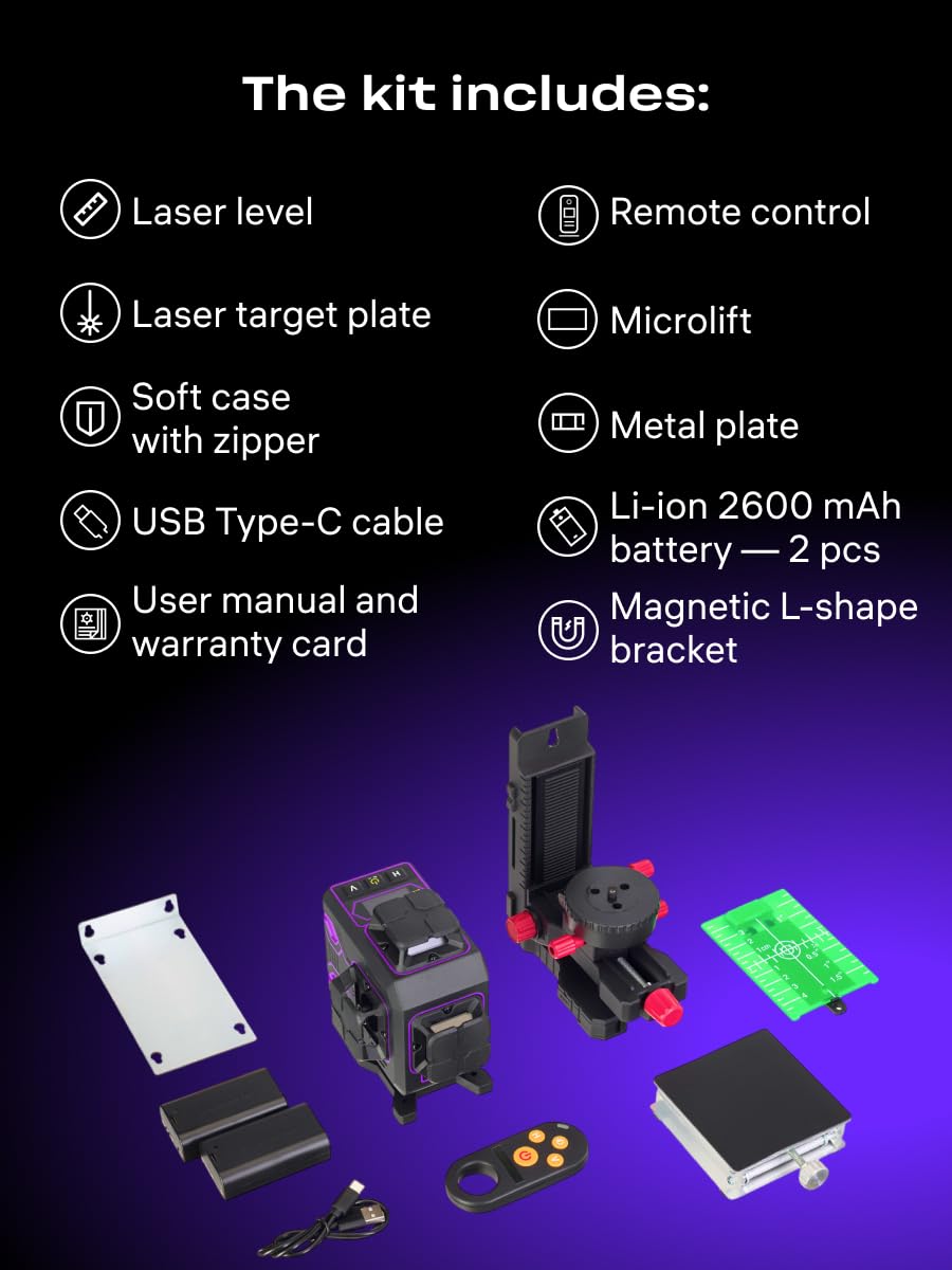 PRO LV70 Samopoziomujący Poziomica Laserowa Tryb Impulsowy 30 m 4D 16 Linii 360° IP54 Pilot Zdalnego Sterowania Mikropodnośnik Podstawa Statyw Uchwyt 2 Akumulatory Li Ion Typ C W Zestawie