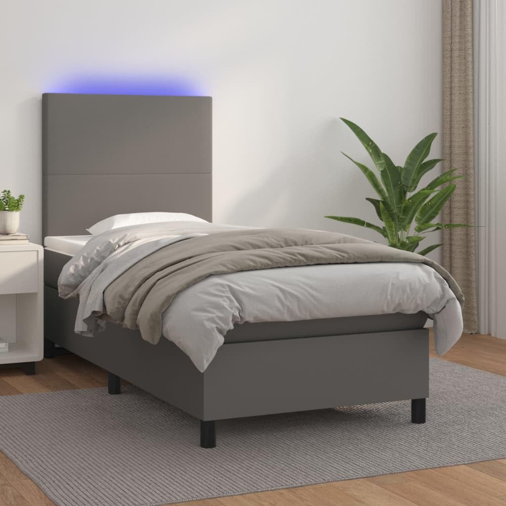 sztuczna skóra z regulowanym zagłówkiem LED Szary 100 x 200 cm | Łóżko kontynentalne 100x200 z materacem sprężynowym i LED, szara ekoskóra, zagłówek regulowany, nowoczesne do sypialni